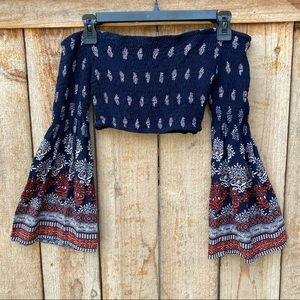 Into Smocked Bell Sleeve Off Shoulder Paisley Crop Top XS